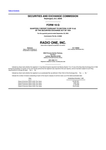 Miniature Urban One
 10-Q Rapport trimestriel  