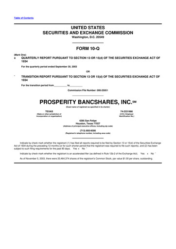 Thumbnail Prosperity Bancshares
 10-Q Quarterly Report FY 