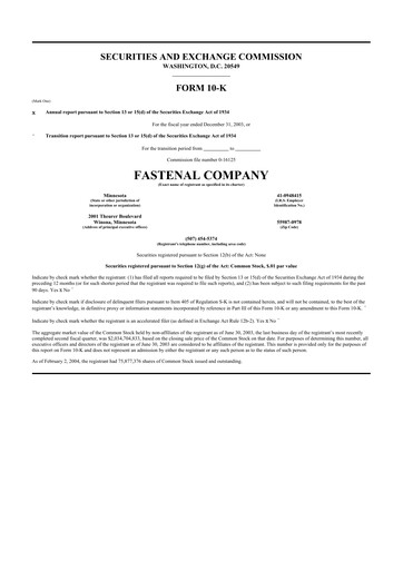 Thumbnail Fastenal 10-K Annual Report 