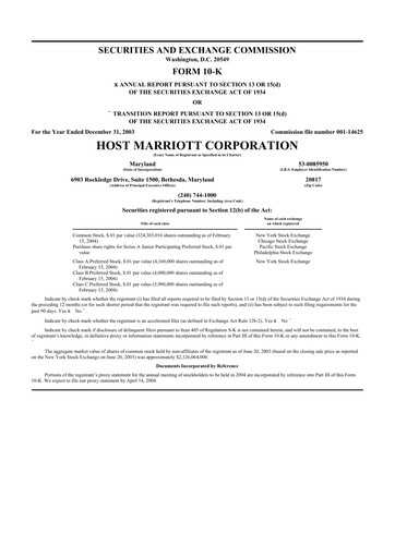 Thumbnail Host Hotels & Resorts
 10-K Annual Report 