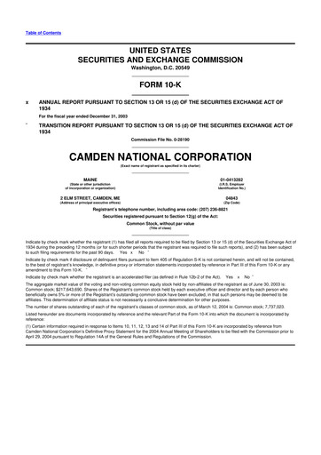 Thumbnail Camden National Corporation
 10-K Annual Report 