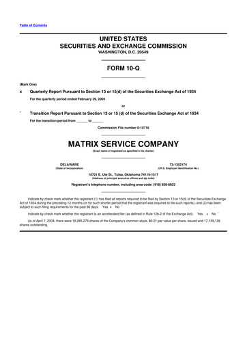 Miniature Matrix Service Company 10-Q Rapport trimestriel  