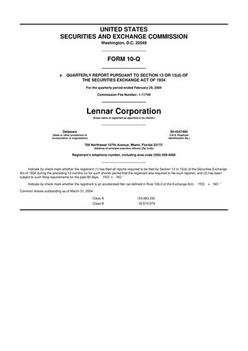 Thumbnail Lennar 10-Q Quarterly Report FY 