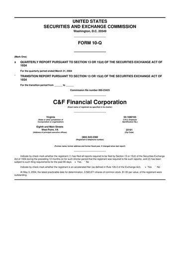 Thumbnail C&F Financial Corporation

 10-Q Quarterly Report FY 
