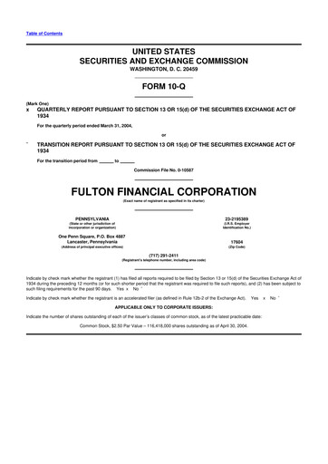 Thumbnail Fulton Financial 10-Q Quarterly Report FY 