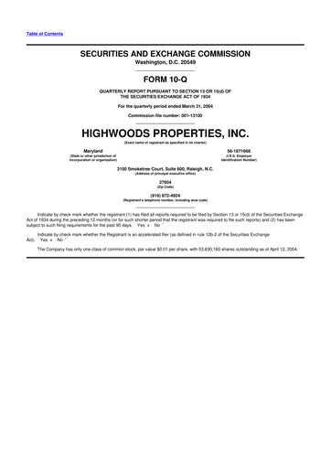 Miniature Highwoods Properties
 10-Q Rapport trimestriel  