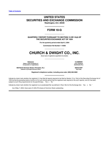 Thumbnail Church & Dwight
 10-Q Quarterly Report FY 