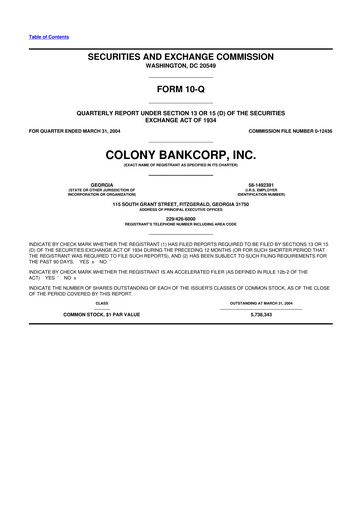 Thumbnail Colony Bankcorp 10-Q Quarterly Report FY 
