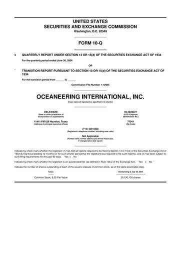 Miniature Oceaneering International
 10-Q Rapport trimestriel  