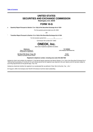 Thumbnail Oneok 10-Q Quarterly Report FY 