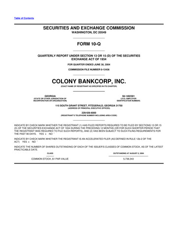 Thumbnail Colony Bankcorp 10-Q Quarterly Report FY 