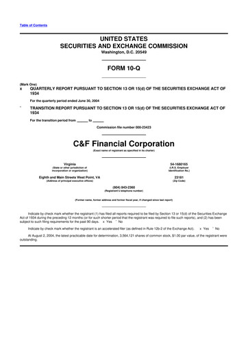 Thumbnail C&F Financial Corporation

 10-Q Quarterly Report FY 
