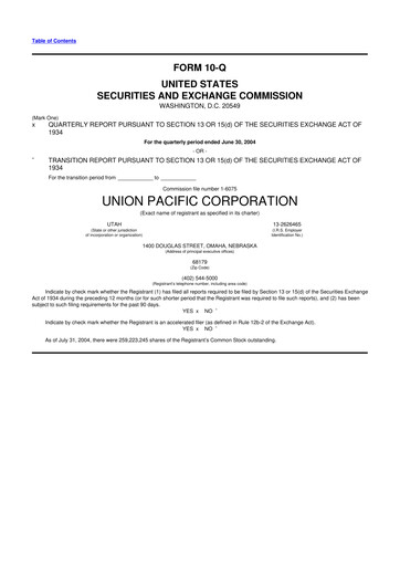 Thumbnail Union Pacific Corporation 10-Q Quarterly Report FY 