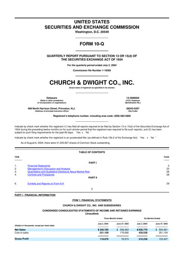Thumbnail Church & Dwight
 10-Q Quarterly Report FY 