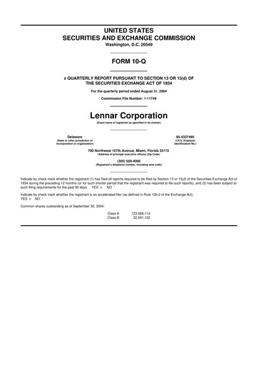 Thumbnail Lennar 10-Q Quarterly Report FY 