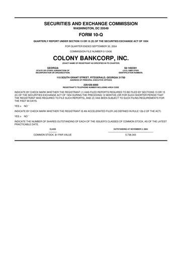 Thumbnail Colony Bankcorp 10-Q Quarterly Report FY 