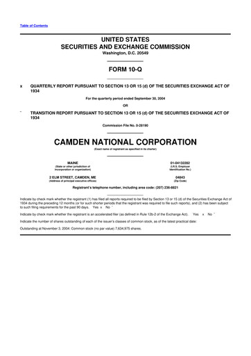Thumbnail Camden National Corporation
 10-Q Quarterly Report FY 