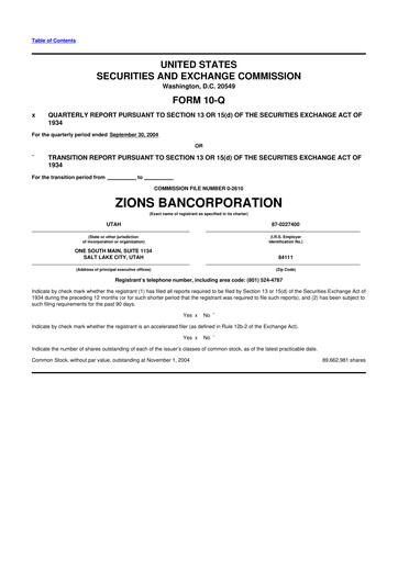 Thumbnail Zions Bancorporation
 10-Q Quarterly Report FY 