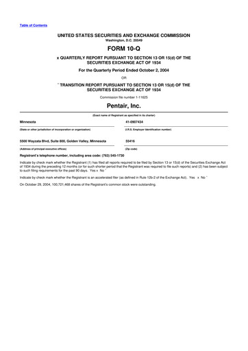 Thumbnail Pentair
 10-Q Quarterly Report FY 