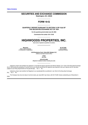 Miniature Highwoods Properties
 10-Q Rapport trimestriel  