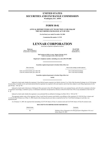 Thumbnail Lennar 10-K Annual Report 