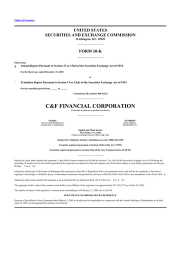 Thumbnail C&F Financial Corporation

 10-K Annual Report 