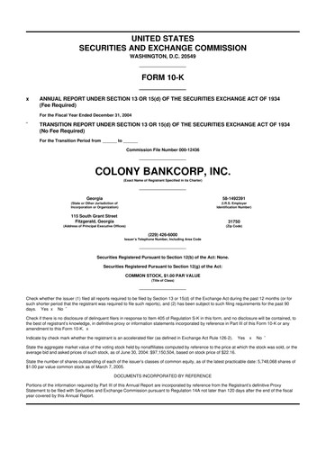 Thumbnail Colony Bankcorp 10-K Annual Report 