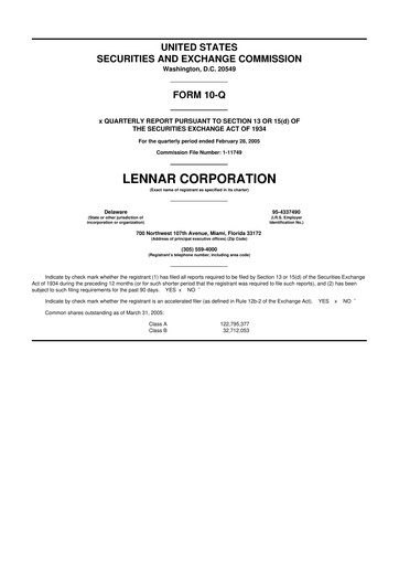 Thumbnail Lennar 10-Q Quarterly Report FY 