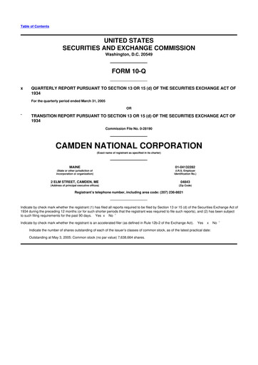 Thumbnail Camden National Corporation
 10-Q Quarterly Report FY 
