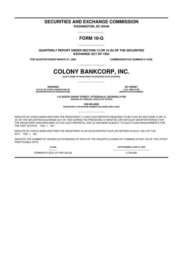 Thumbnail Colony Bankcorp 10-Q Quarterly Report FY 