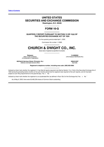 Thumbnail Church & Dwight
 10-Q Quarterly Report FY 