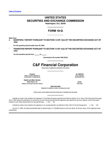 Thumbnail C&F Financial Corporation

 10-Q Quarterly Report FY 