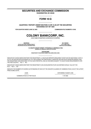Thumbnail Colony Bankcorp 10-Q Quarterly Report FY 