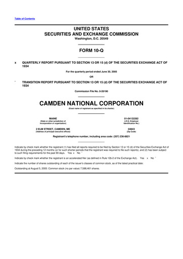 Thumbnail Camden National Corporation
 10-Q Quarterly Report FY 
