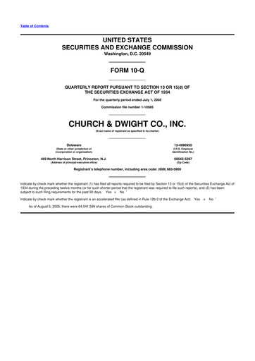 Thumbnail Church & Dwight
 10-Q Quarterly Report FY 