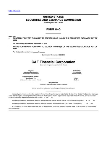 Thumbnail C&F Financial Corporation

 10-Q Quarterly Report FY 