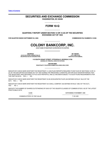 Thumbnail Colony Bankcorp 10-Q Quarterly Report FY 