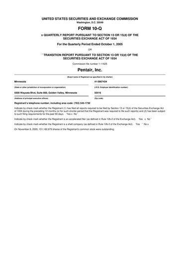 Thumbnail Pentair
 10-Q Quarterly Report FY 