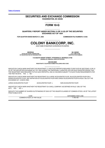Thumbnail Colony Bankcorp 10-Q Quarterly Report FY 