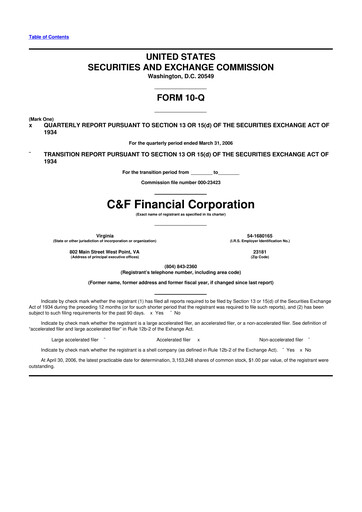 Thumbnail C&F Financial Corporation

 10-Q Quarterly Report FY 