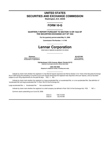 Thumbnail Lennar 10-Q Quarterly Report FY 