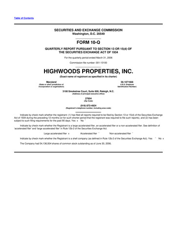 Miniature Highwoods Properties
 10-Q Rapport trimestriel  