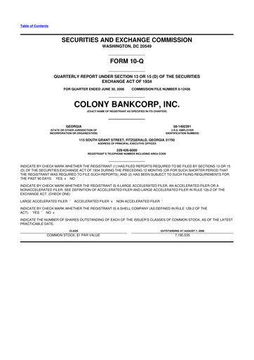 Thumbnail Colony Bankcorp 10-Q Quarterly Report FY 