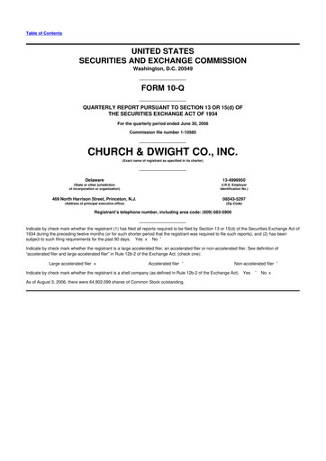 Thumbnail Church & Dwight
 10-Q Quarterly Report FY 