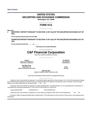 Thumbnail C&F Financial Corporation

 10-Q Quarterly Report FY 