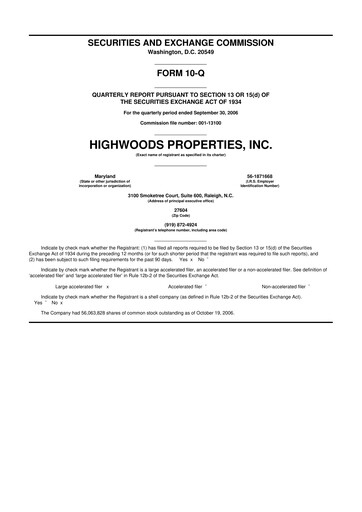 Miniature Highwoods Properties
 10-Q Rapport trimestriel  