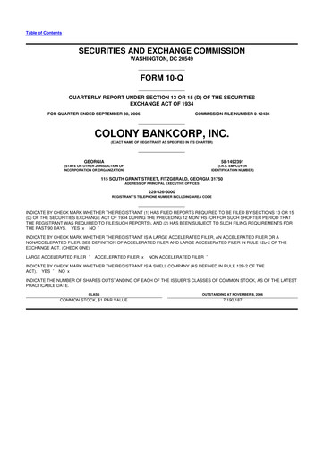 Thumbnail Colony Bankcorp 10-Q Quarterly Report FY 