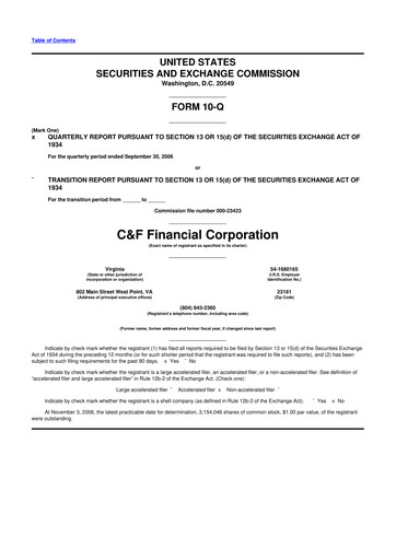 Thumbnail C&F Financial Corporation

 10-Q Quarterly Report FY 