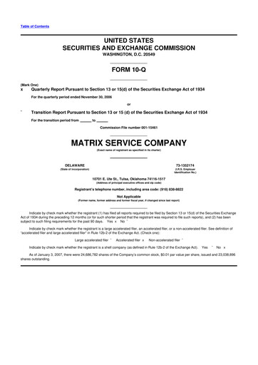 Miniature Matrix Service Company 10-Q Rapport trimestriel  