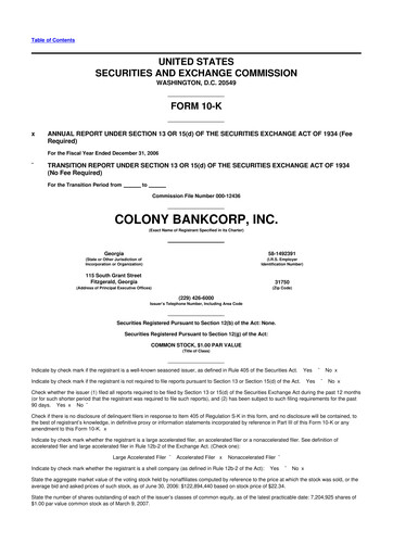 Thumbnail Colony Bankcorp 10-K Annual Report 